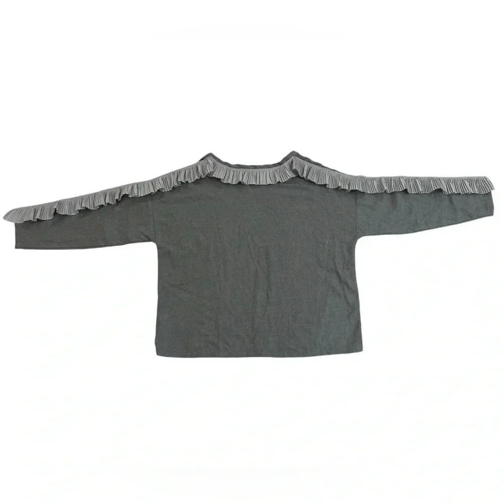 Koch Blouse Women’s Long Sleeve Ribbon Back Ruffle Trim Grey Size Medium EUC - Picture 4 of 7